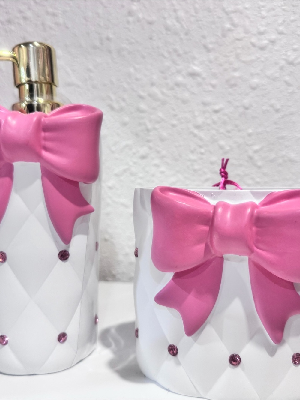 Pink Bow Ceramic Home Accent Set - Decorative Soap Dispenser & Planter